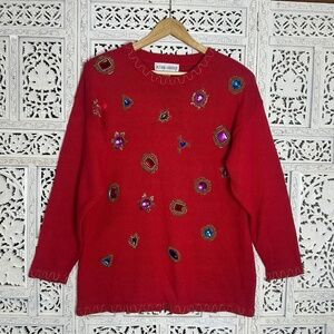 Vintage Victoria Harbour Jewel Bedazzled Colorful‎ Artsy Red 80's Sweater Sz L